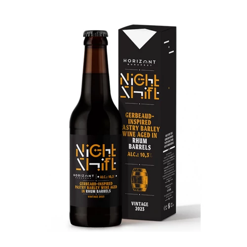 HORIZONT NIGHT SHIFT 2023 3 Gerbeaud-inspired Pastry Barley Wine Rhum Agricole hordóban érlelve csokoládéval, kajszibarackkal és dióval 0,33L