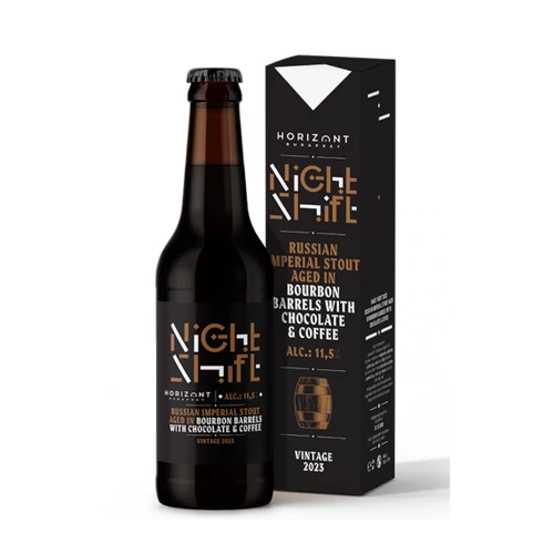HORIZONT NIGHT SHIFT 2023 1 Russian Imperial Stout bourbon hordóban érlelve csokoládéval és kávéval 0,33L